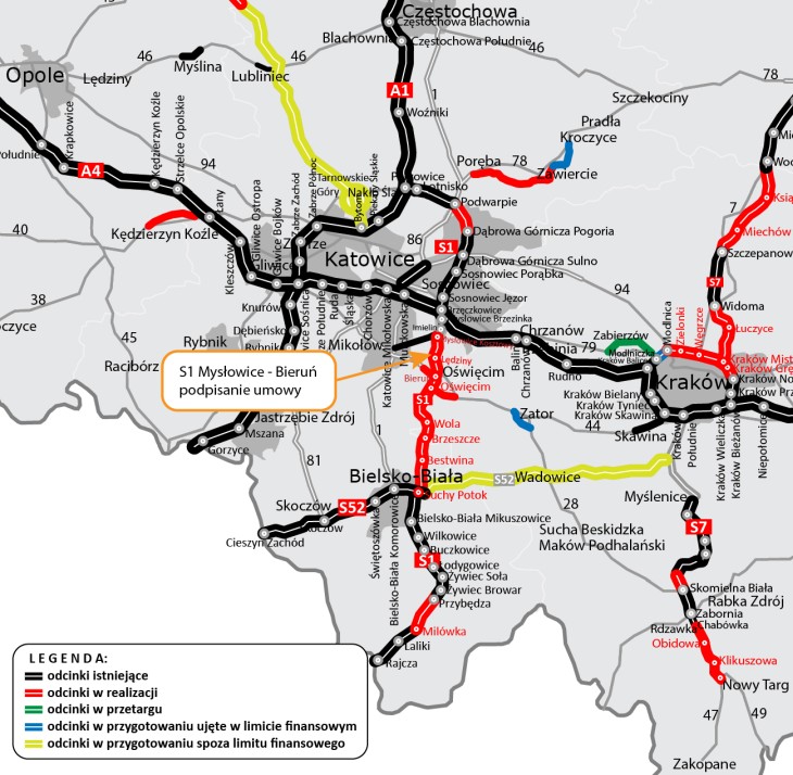 Mapa stanu budowy dróg w woj. śląskim. Źródło: GDDKiA